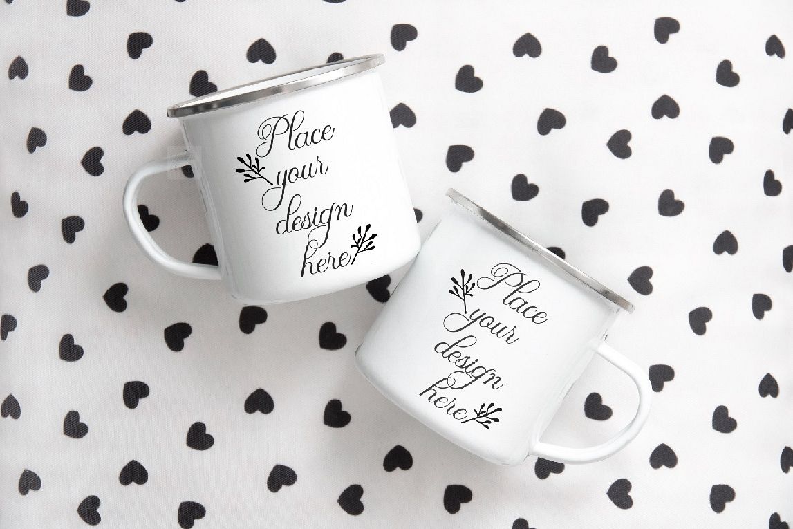 PSD 2 Camping mug mockup two mugs mock up rustic camp enamel example image 1