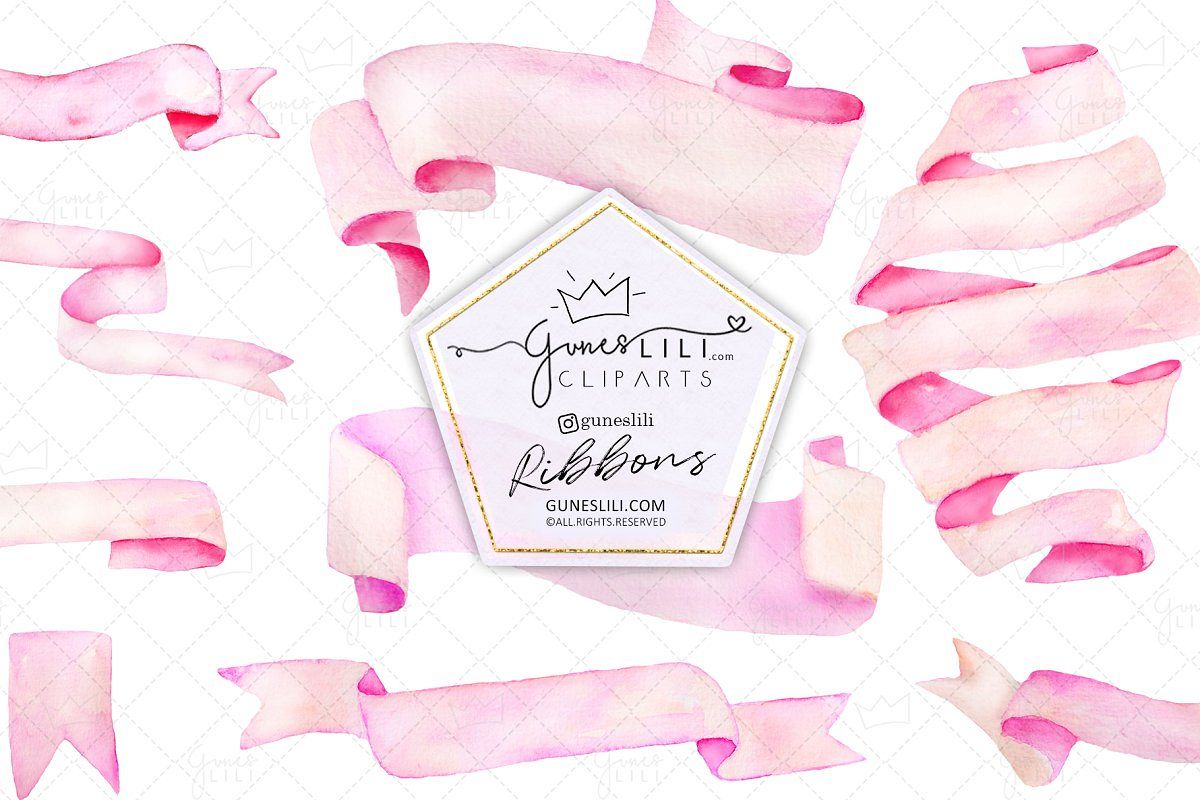 Pink Watercolor Banner Ribbon Cliparts example image 1