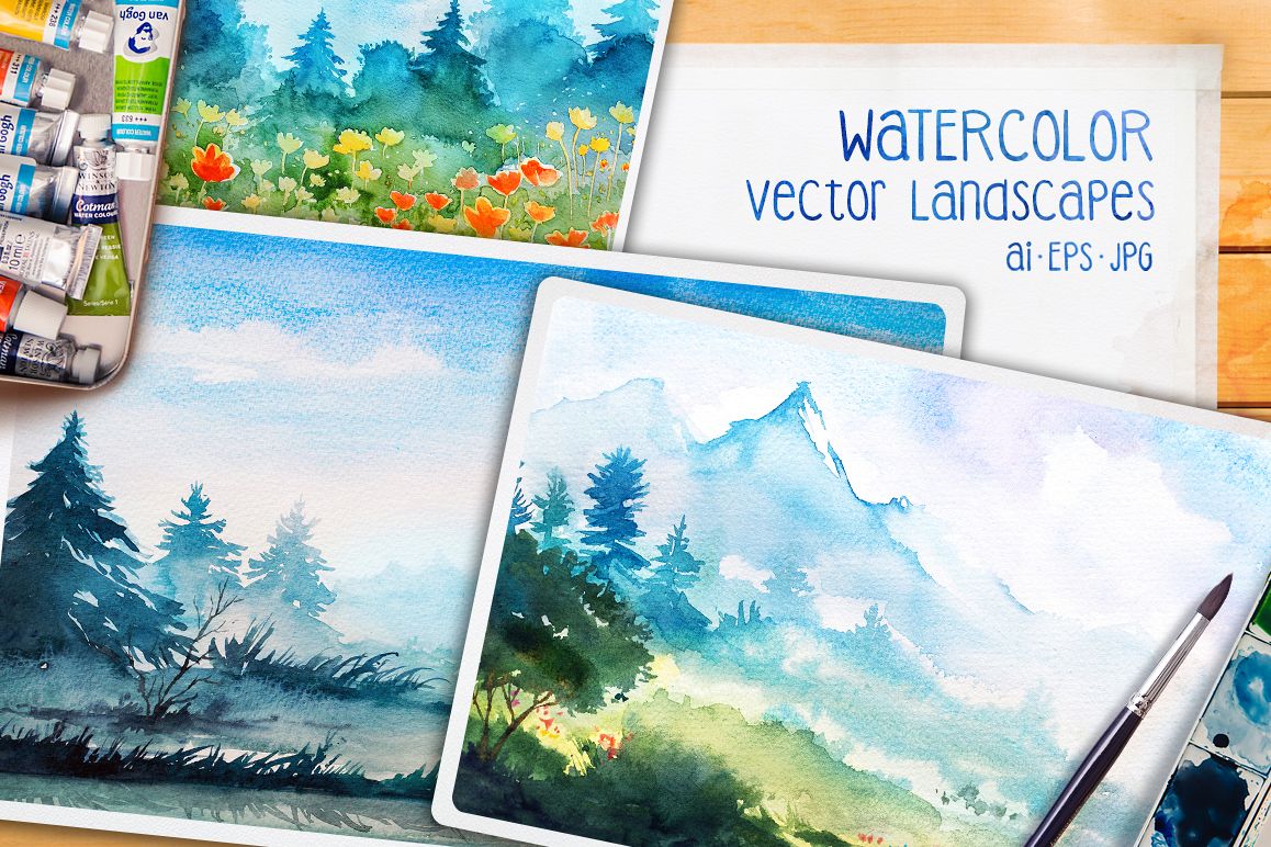 Watercolor Vector Landscapes set#2 example image 1