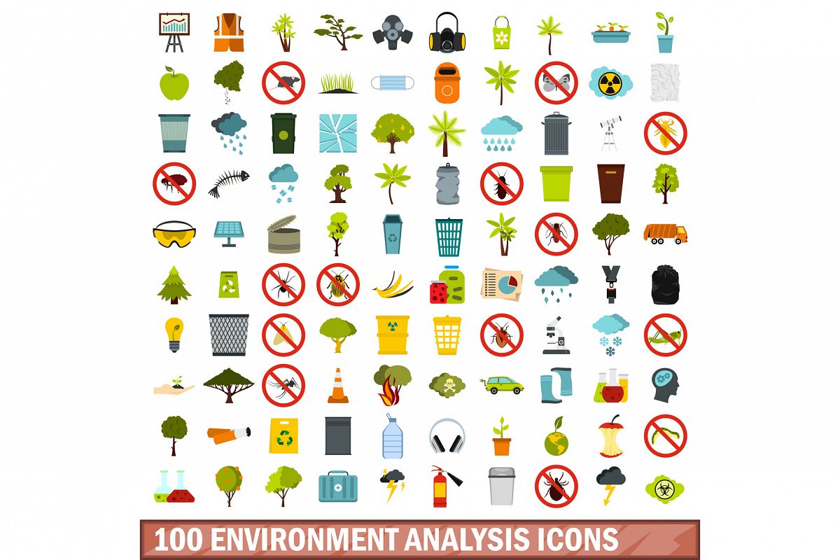 100 environment analysis icons set, flat style example image 1