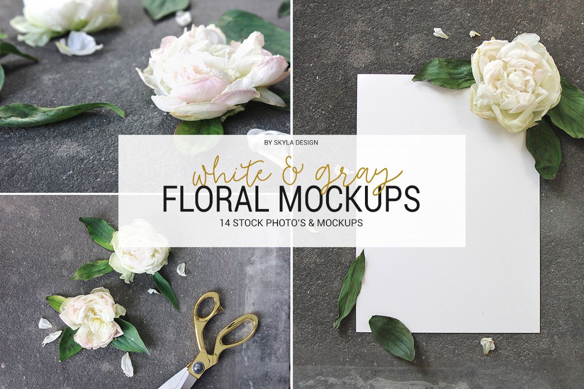 White & gray floral mockup, flower stock images example image 1