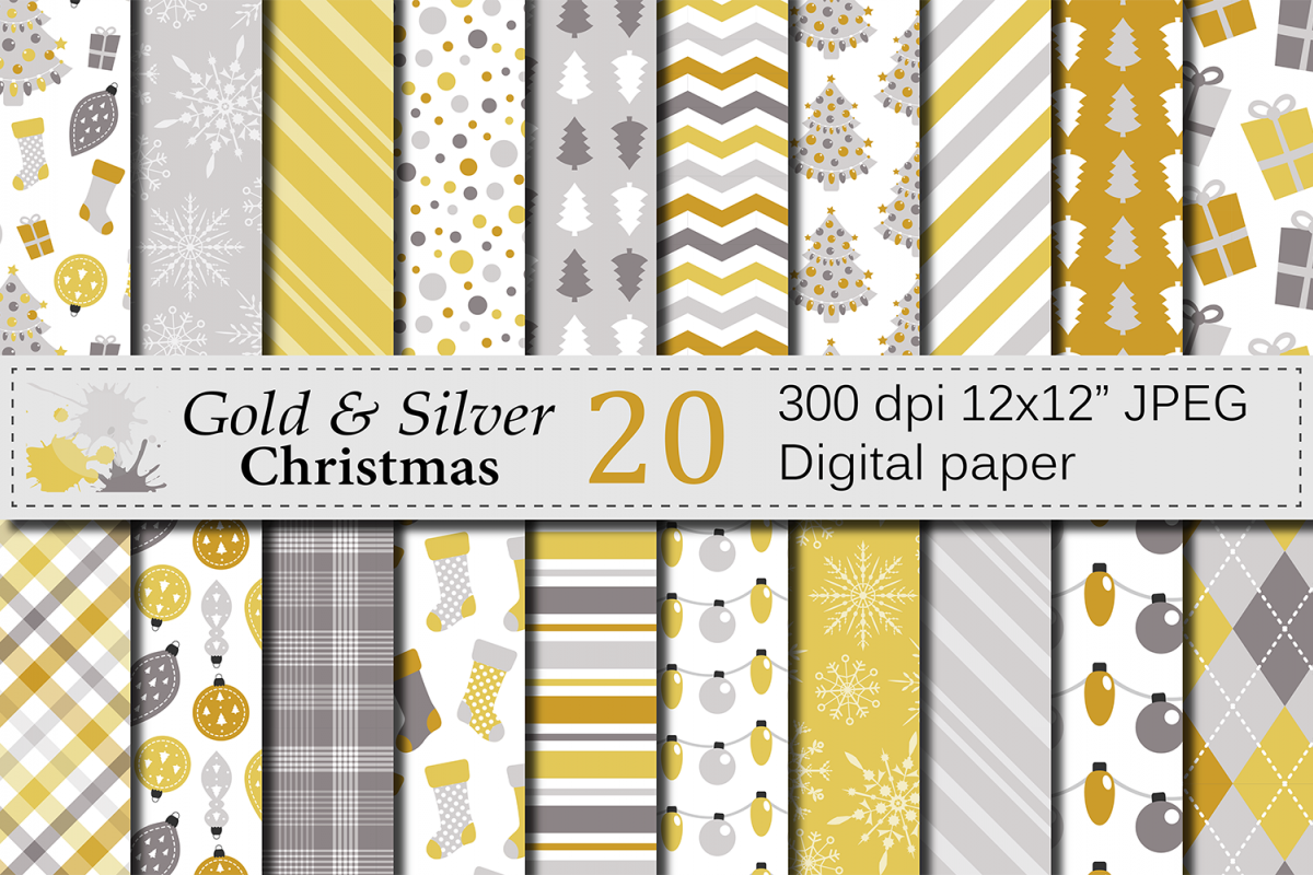 Gold and Silver Christmas Digital Paper Set example image 1