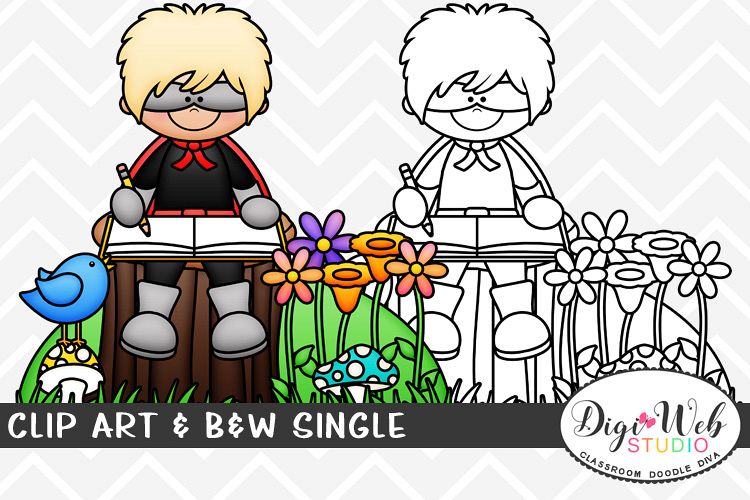 Clip Art & B&W Single -Superhero Boy Sitting Outside Writing example image 1