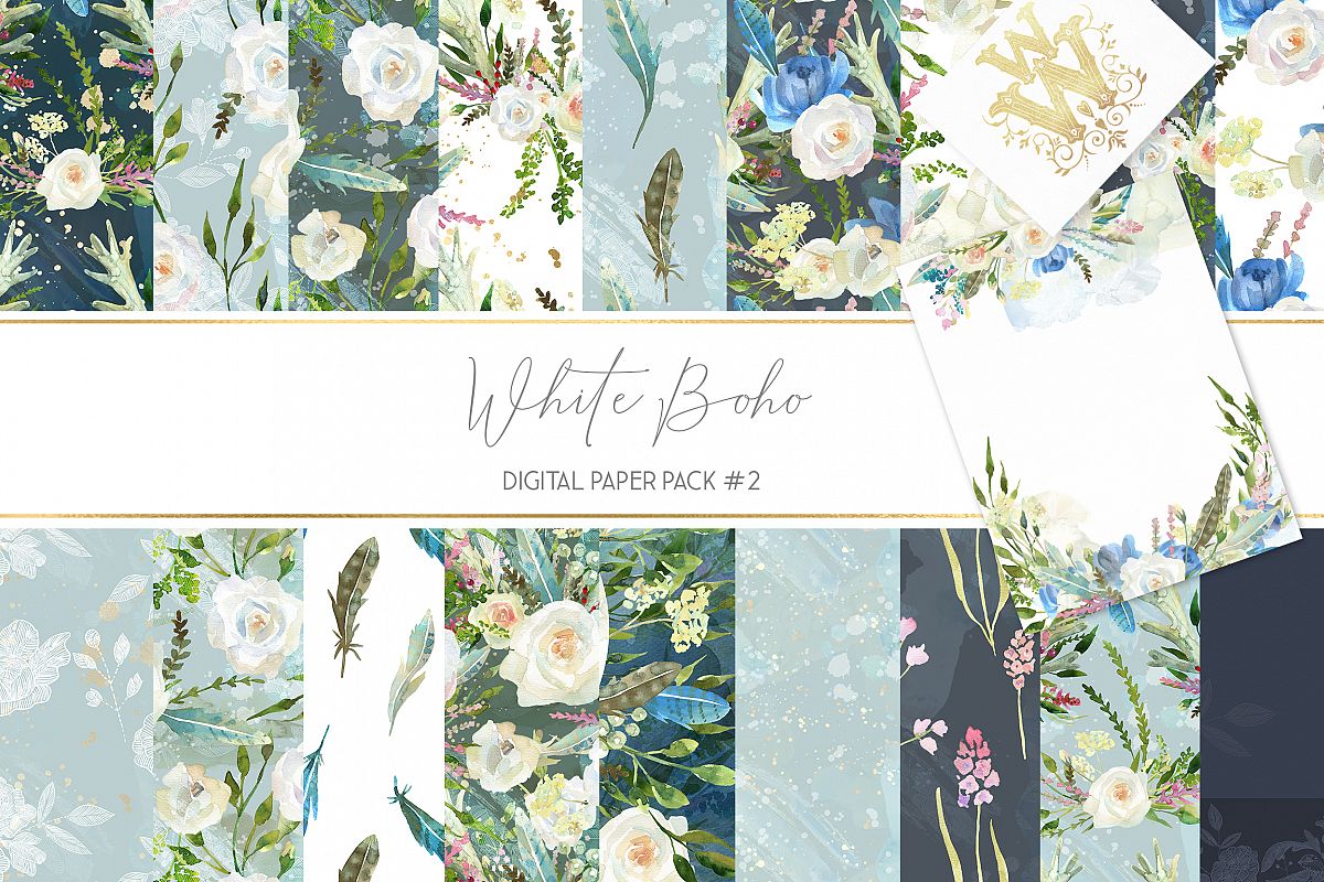 Boho chic digital paper pack, watercolor floral seamless example image 1