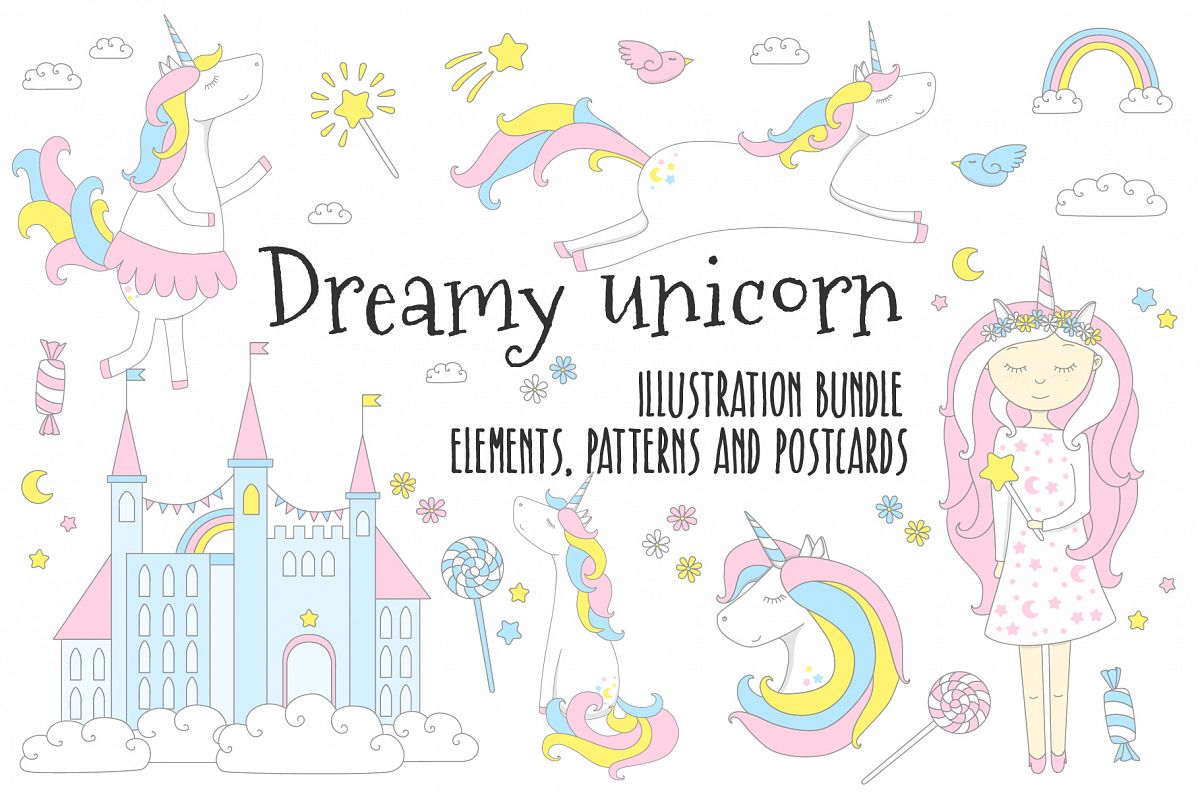 Dreamy unicorn, illustration bundle example image 1