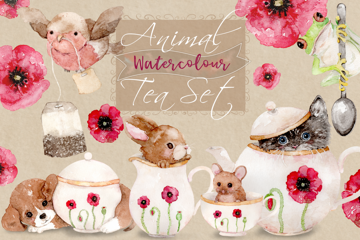 Animal Tea Set | 8 Watercolor Clipart Illustrations- PNG/JPG example image 1