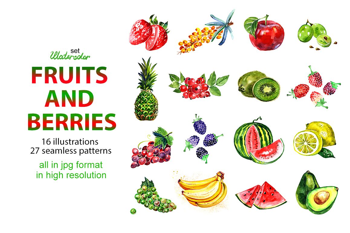 Watercolor fruits and berries example image 1