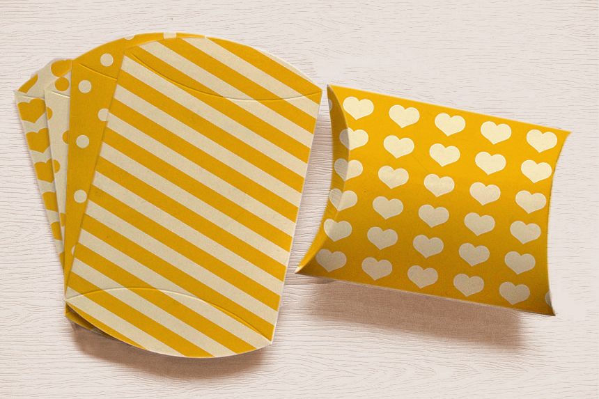 Yellow Printable Pillow Boxes With Stripes Polka Dots And Hearts
