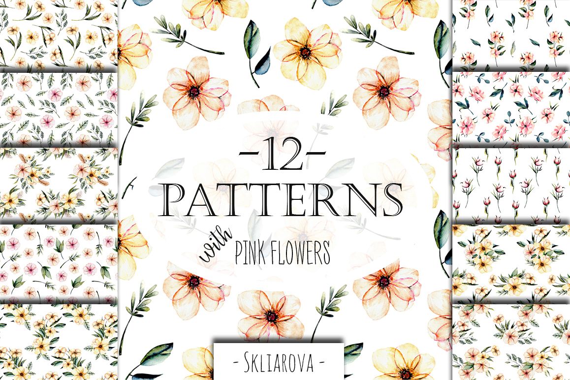 Pink watercolor flowers 12 Patterns example image 1