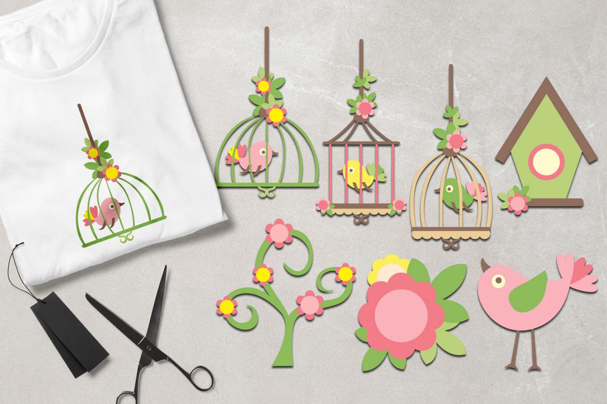 Pink lime spring birds and birdcages example image 1