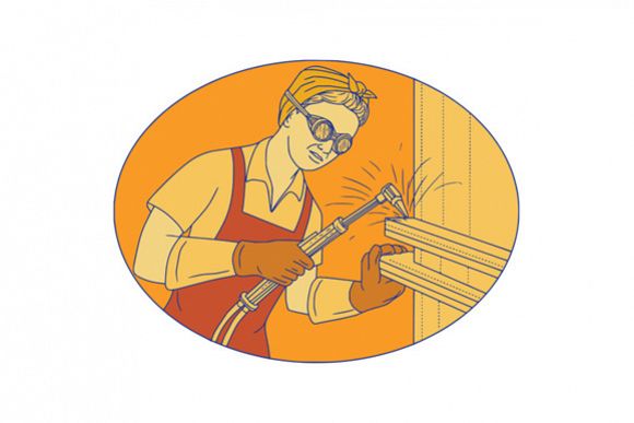 Female Welder Acetylene Welding Vintage Mono Line example image 1