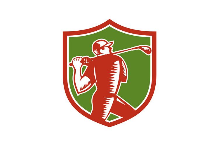 Golfer Swinging Club Shield Woodcut example image 1