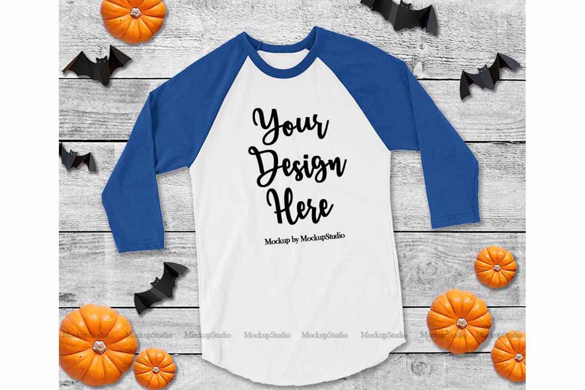 Download Fall Halloween Raglan Jersey Tshirt Blue and White Mock Up ...