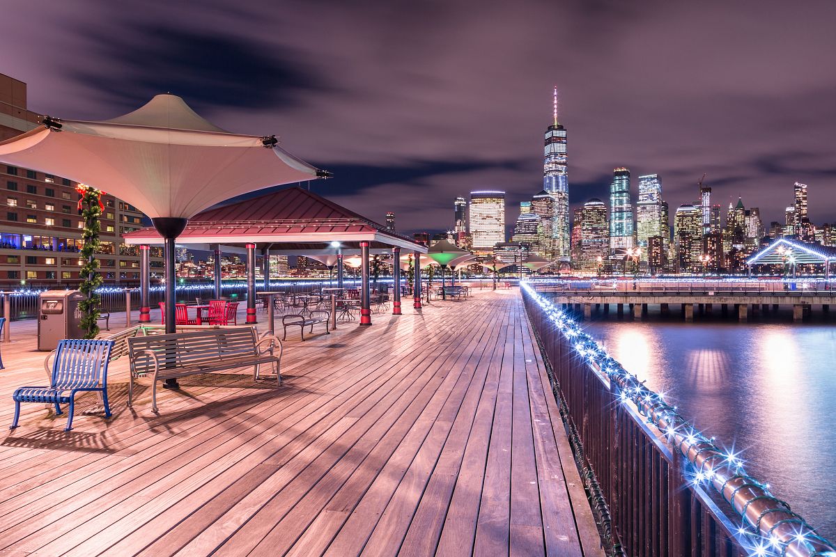 Night view on pier in Jersey city and Manhattan example image 1