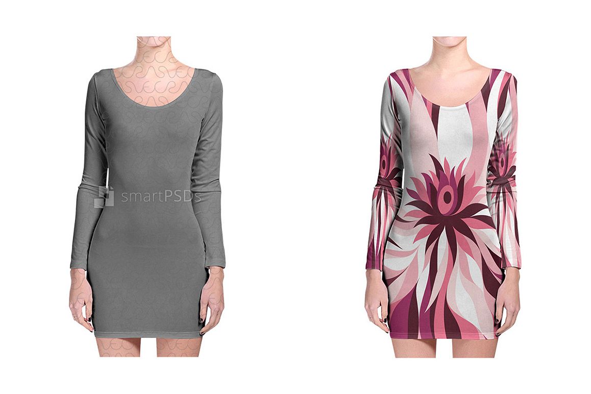 Long Sleeve Bodycon Dress Design Mockup for Sublimation Printing - 2 Views example image 1