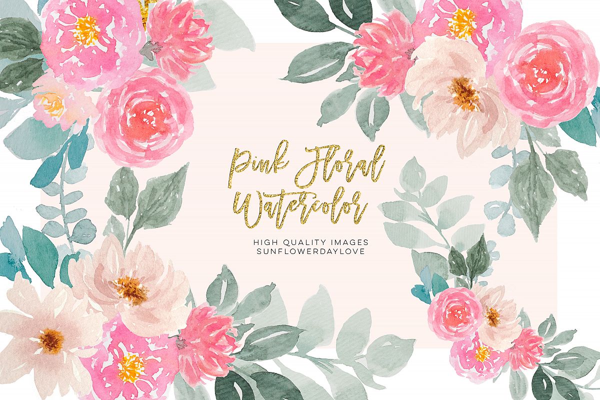 Pink and Gold Watercolor Floral Clipart Set example image 1