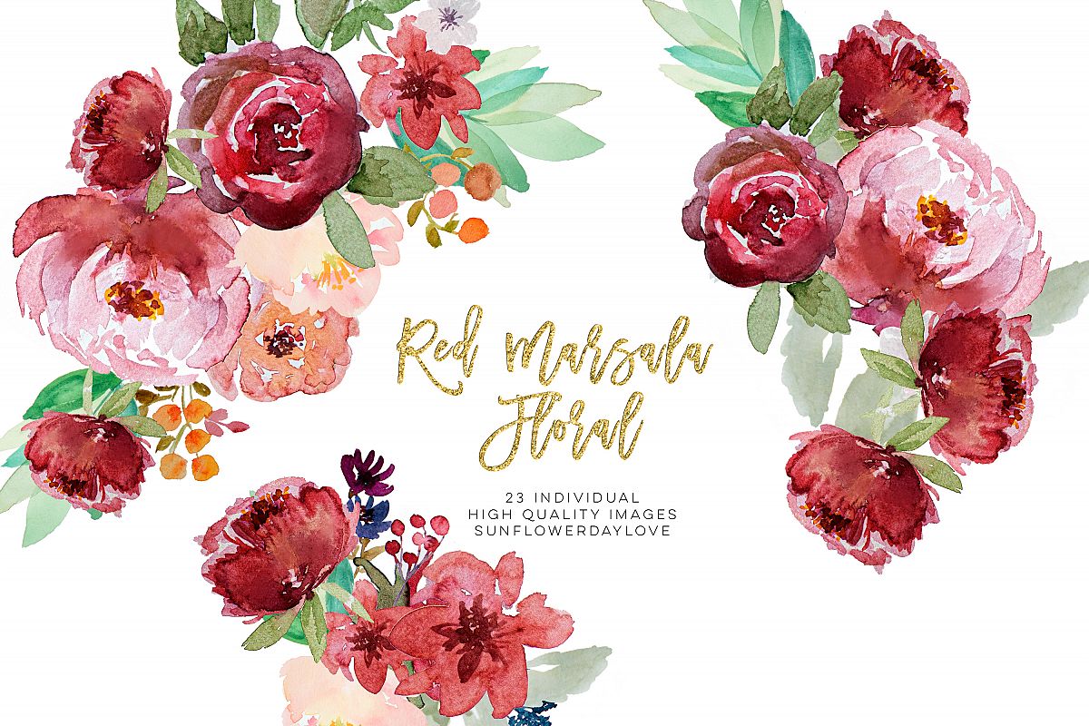 Red marsala floral watercolor clipart example image 1