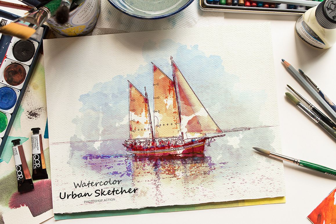 Watercolor Urban Sketcher Photoshop Action example image 1