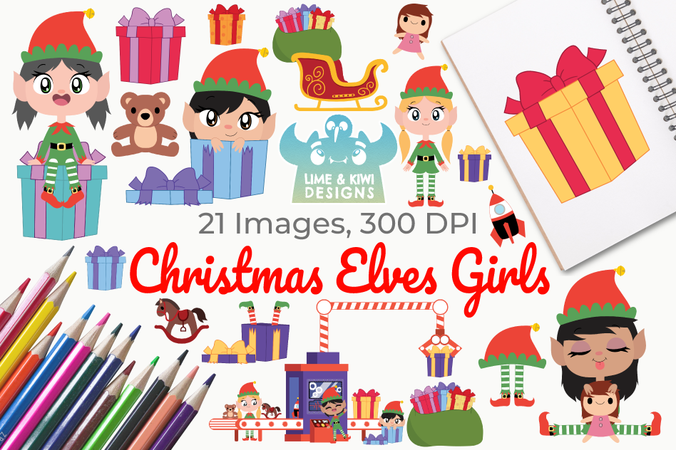 Christmas Elves Girls Clipart, Instant Download Vector Art example image 1