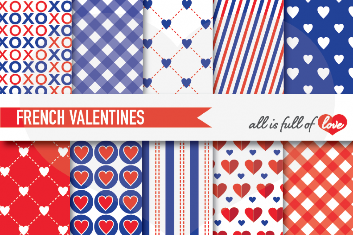 Red and Navy Blue Valentines Day Patterns French Love Digital Paper Pack example image 1