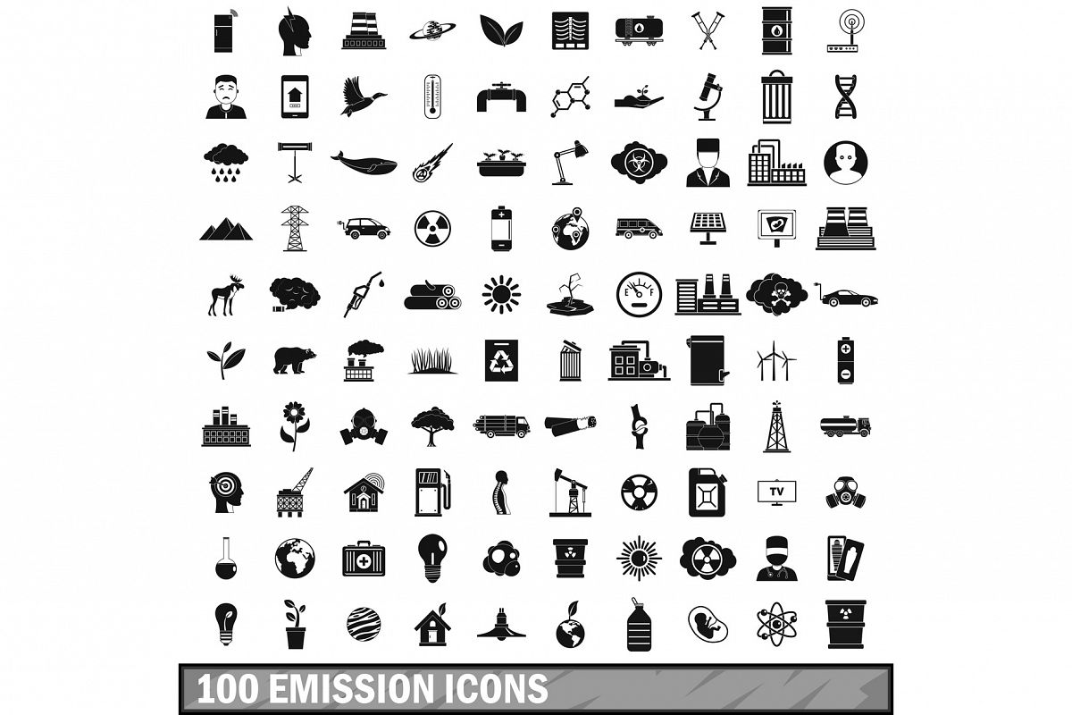 100 emission icons set, simple style example image 1