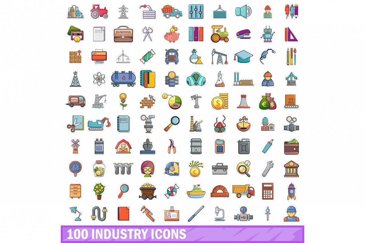 100 industry icons set, cartoon style example image 1