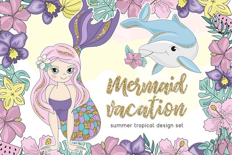 MERMAID VACATION Glitter Vector Illustration Set example image 1