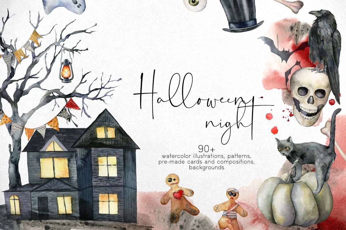 Halloween night. Watercolor clip art example image 1