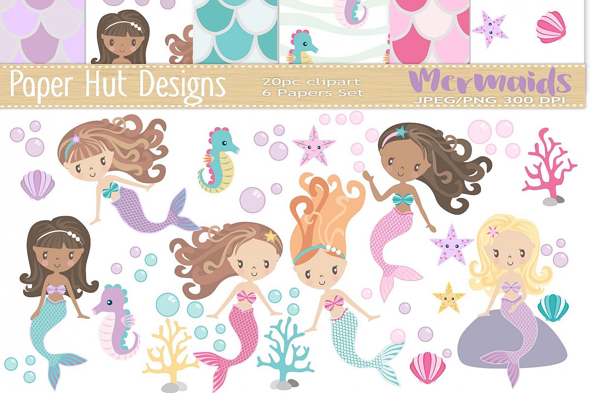 Mermaid Clipart and Digital Papers Set example image 1