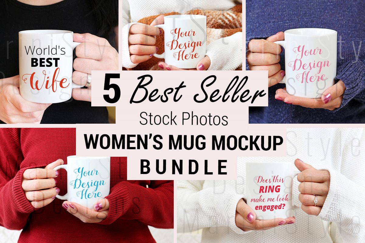Mug mockup BUNDLE with women, Woman holding mug mockup, 915 example image 1