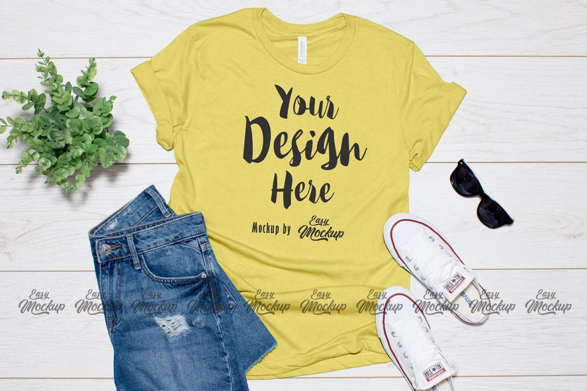 Heather Yellow Gold Bella Canvas 3001 T Shirt Mockup example image 1