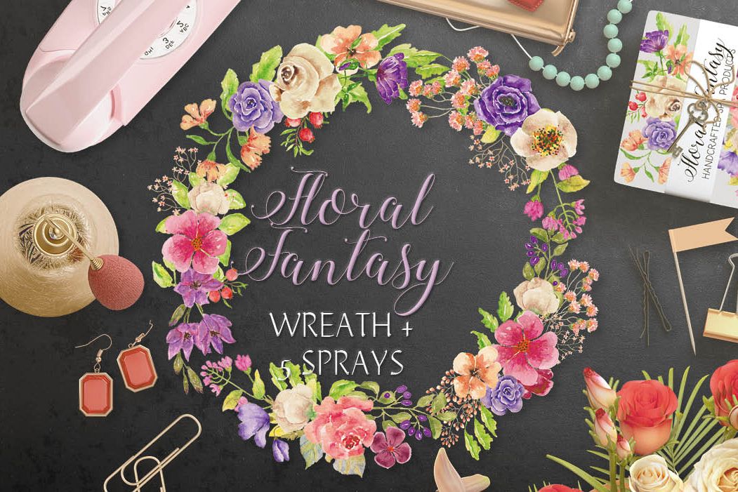 Watercolor wreath of mixed flowers example image 1