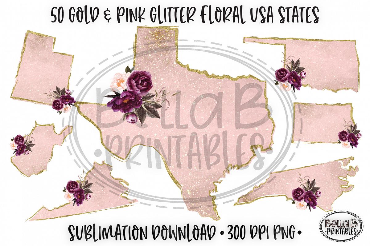 Pink Gold Glitter USA States Sublimation Bundle, 50 States example image 1