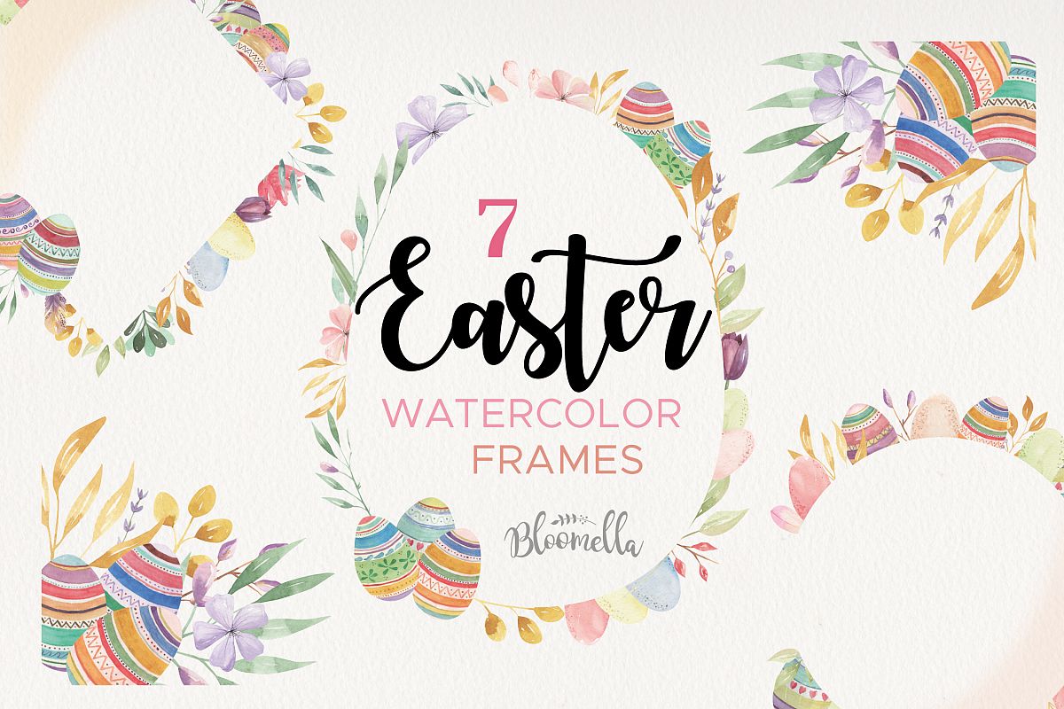 Easter Eggs Frames Watercolor Spring Flowers Pastels Border example image 1
