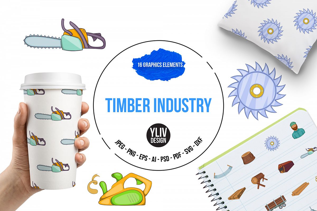 Timber industry icons set, cartoon style example image 1