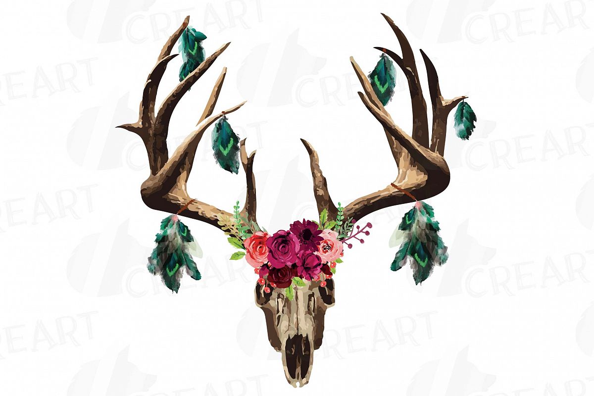 Watercolor Floral Deer Skull With Feathers Clip Art