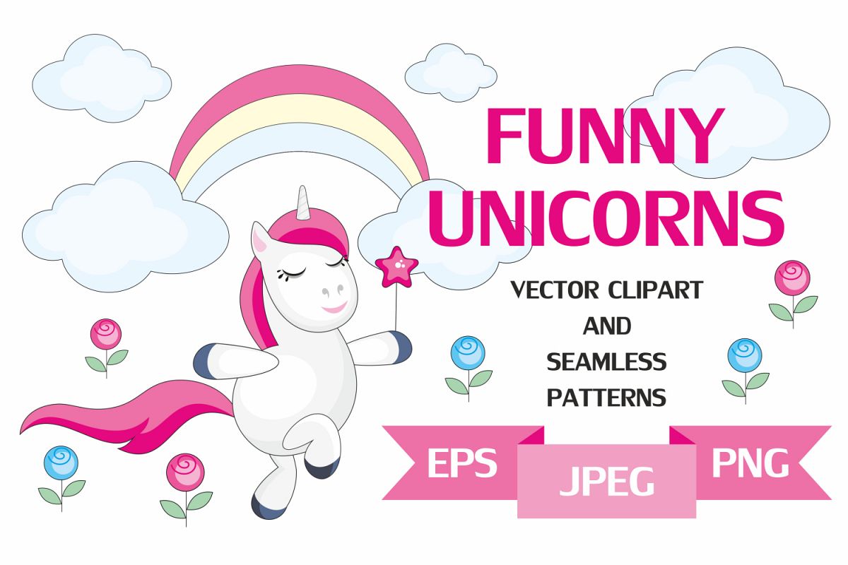 Funny unicorns. Vector clipart and seamless patterns. example image 1