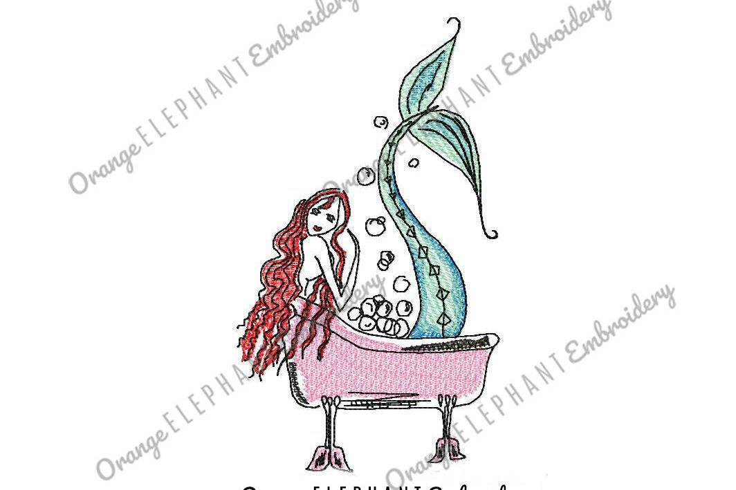 Mermaid Tub Hand Drawn Unique Urban Machine Embroidery Design digital File example image 1