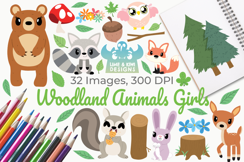 Woodland Animals Girls Clipart, Instant Download Vector Art example image 1