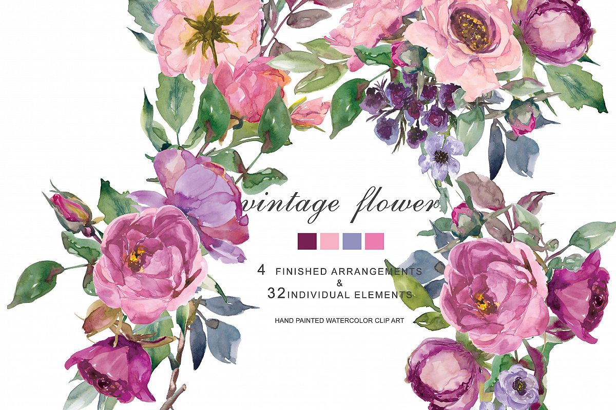 Watercolor Pink And Purple Roses And Peonies Clip Art Set