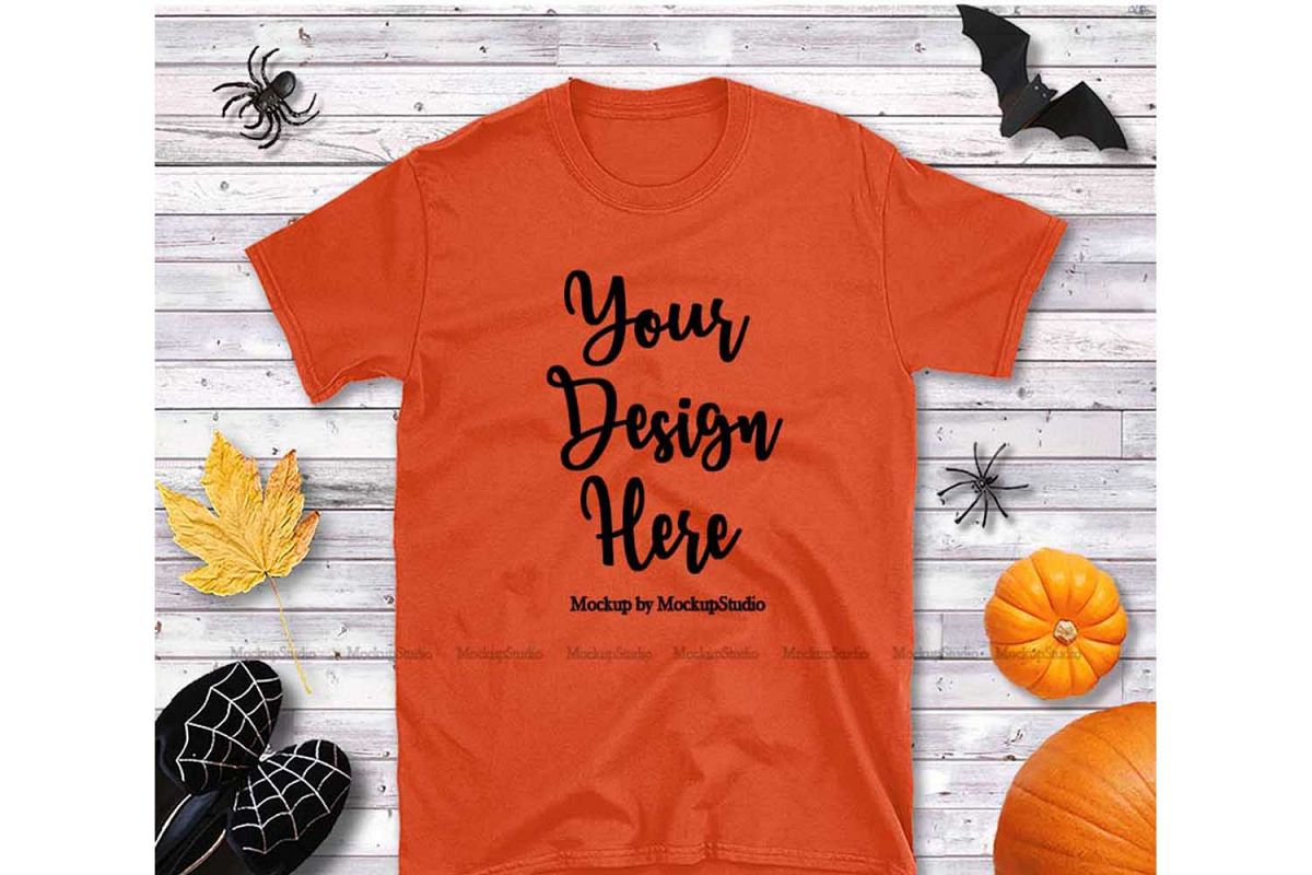 Download Halloween Orange Tshirt Mock Up, Gildan Flat Lay Display