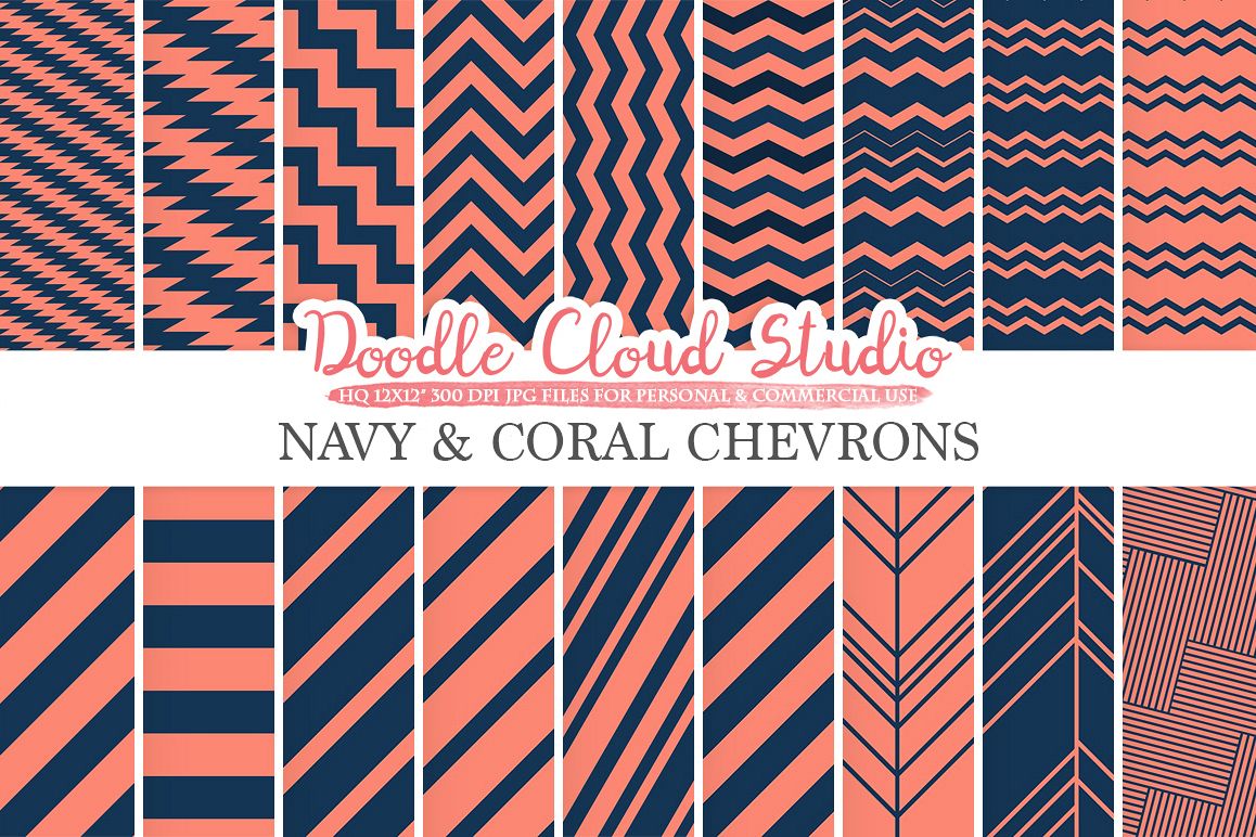 Navy and Coral Chevron digital paper, Chevron and Stripes pattern, Zig Zag lines Dark Blue background for Personal & Commercial Use example image 1