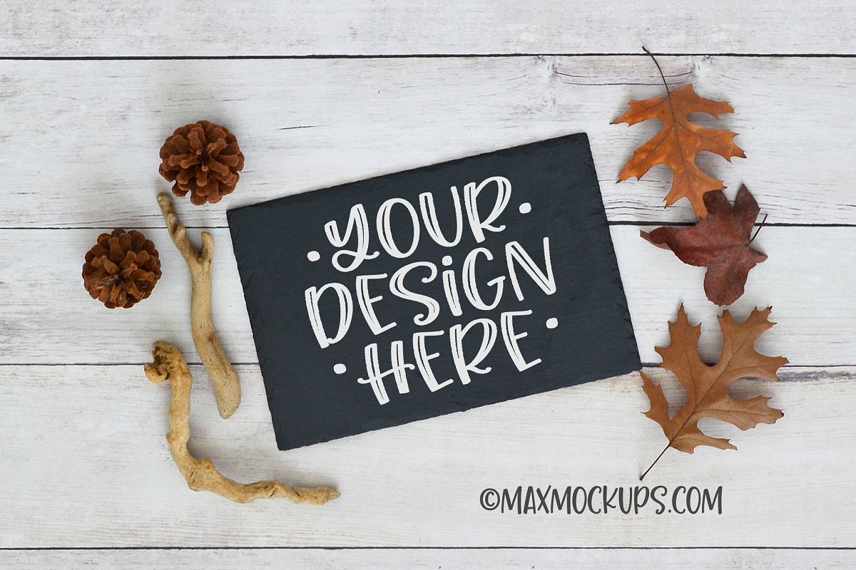 Chalkboard sign mockup, rectangular, fall leaves, pinecones example image 1