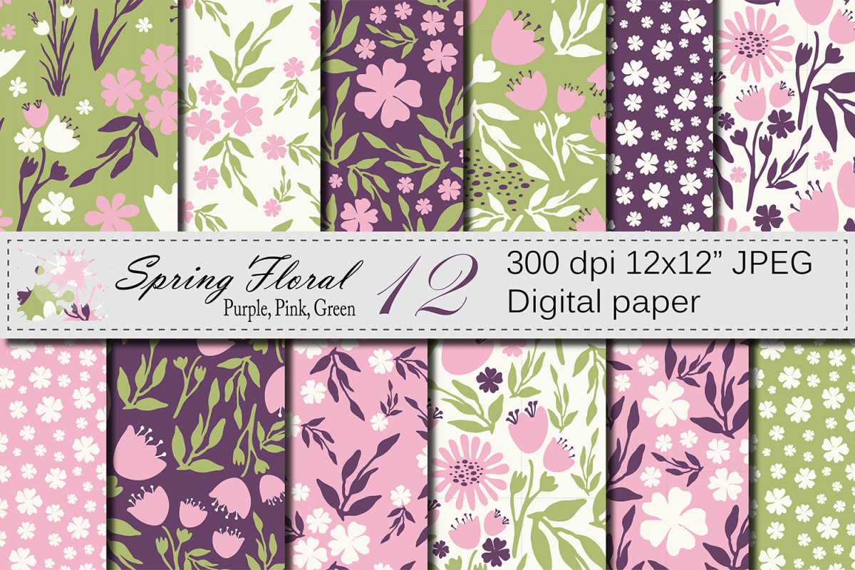 Seamless Floral Digital Paper, Hand Drawn Flowers - Pink Purple Green example image 1