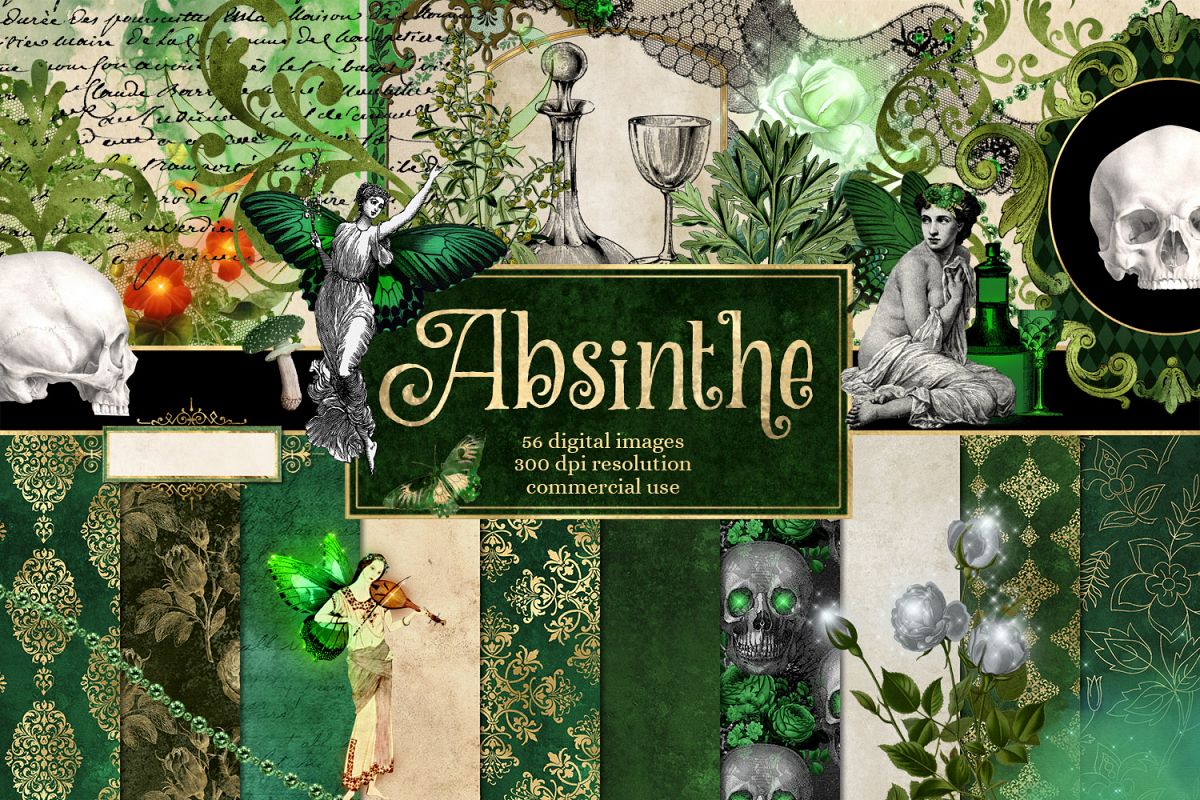 Absinthe Green Fairy Digital Scrapbook Kit example image 1
