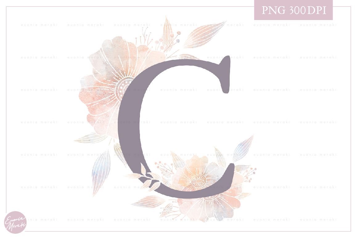 Letter C Floral MONOGRAM - dusty color flower initial example image 1