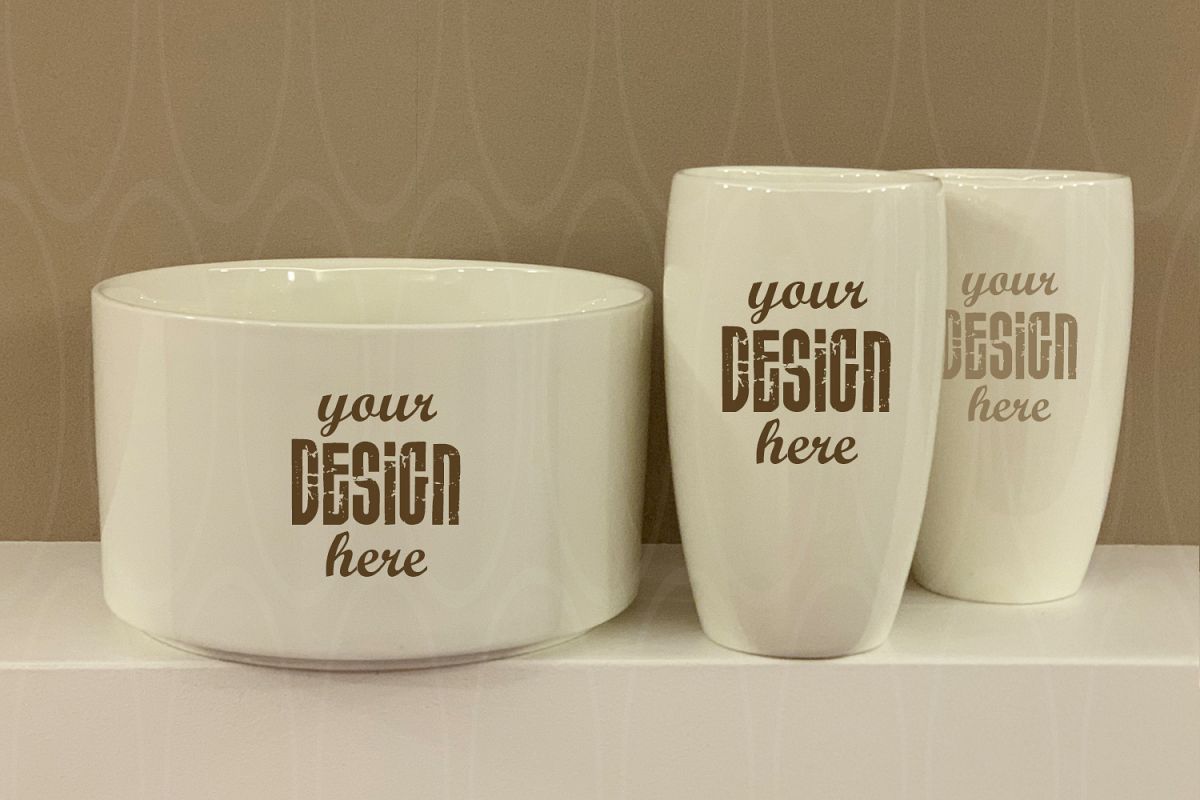 Blank Two White Coffee Cups dish on white table example image 1