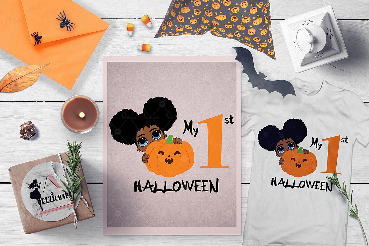 My 1st Halloween Afro Peeking Girl Pumpkin Smile SVG File example image 1