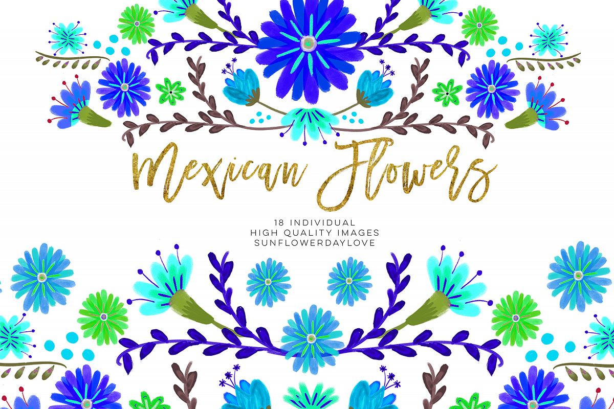 Blue Mexican Watercolor Floral clipart example image 1