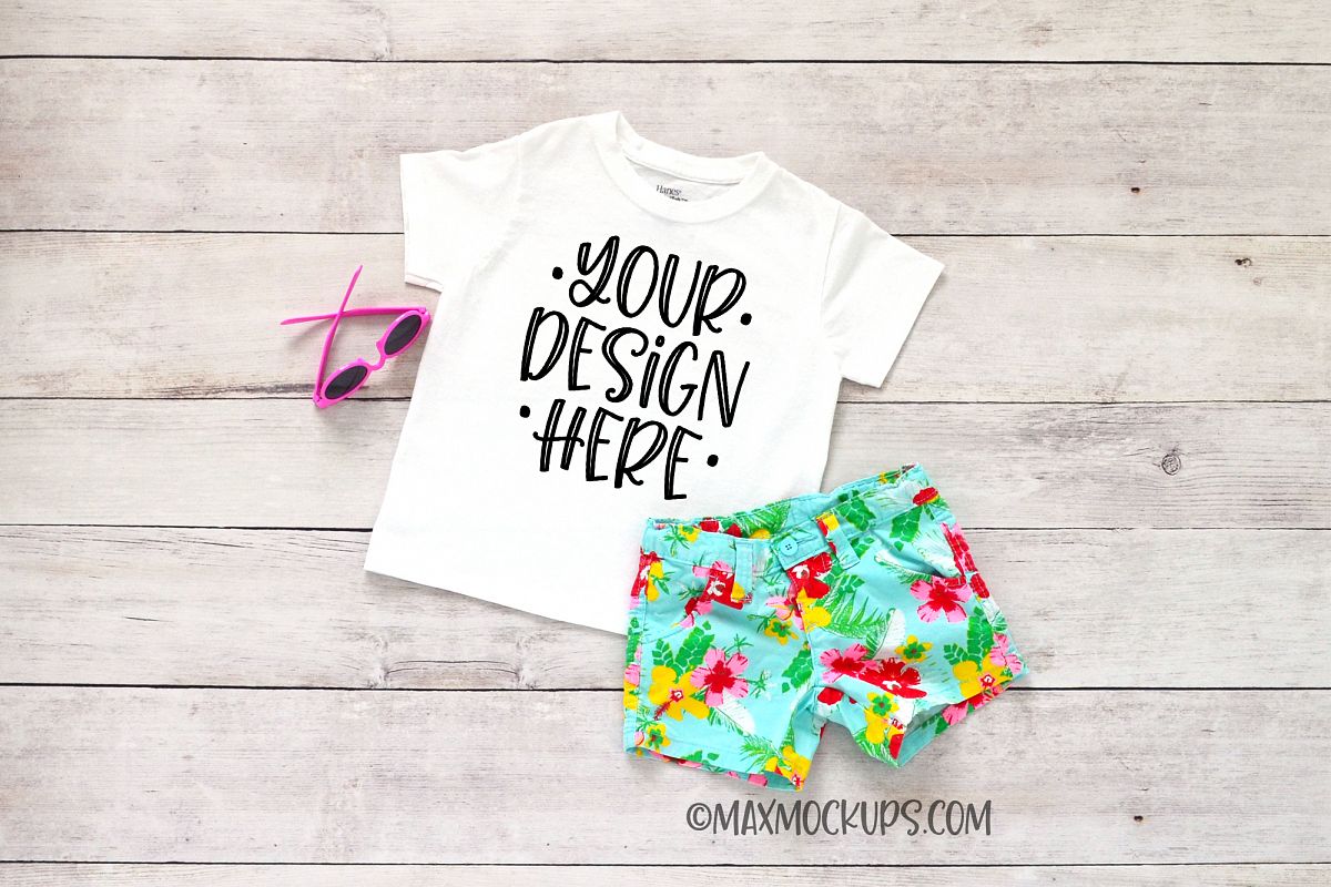 White kids shirt mockup, shorts and sunglasses example image 1